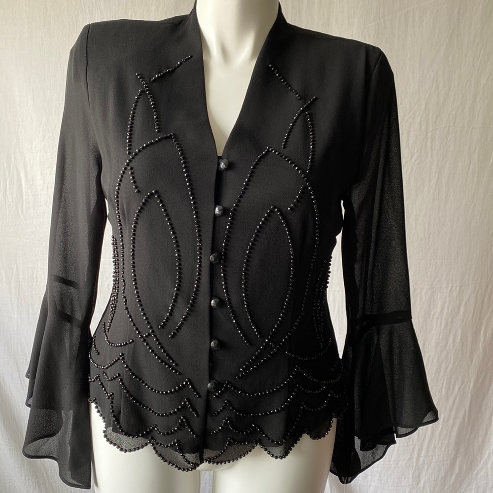 Black Blouse, Beaded Patterned Blouse, Sheer Waterfall Sleeves, Size 14
